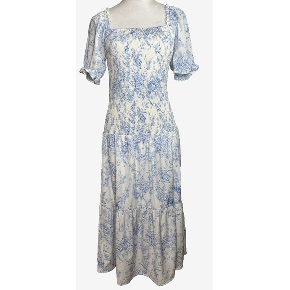 Blue Toile Smocked Maxi Dress Size S Prarie Cottagecore Soft Girl Wedding Guest‎ - Picture 2 of 14